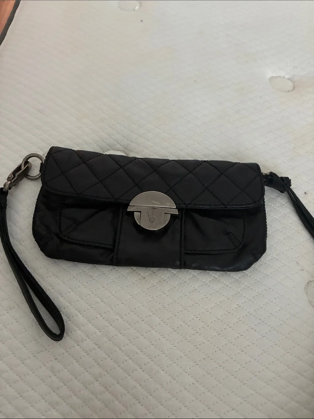 Black Quilted Wristlet Clutch with Silver Turn-Lock